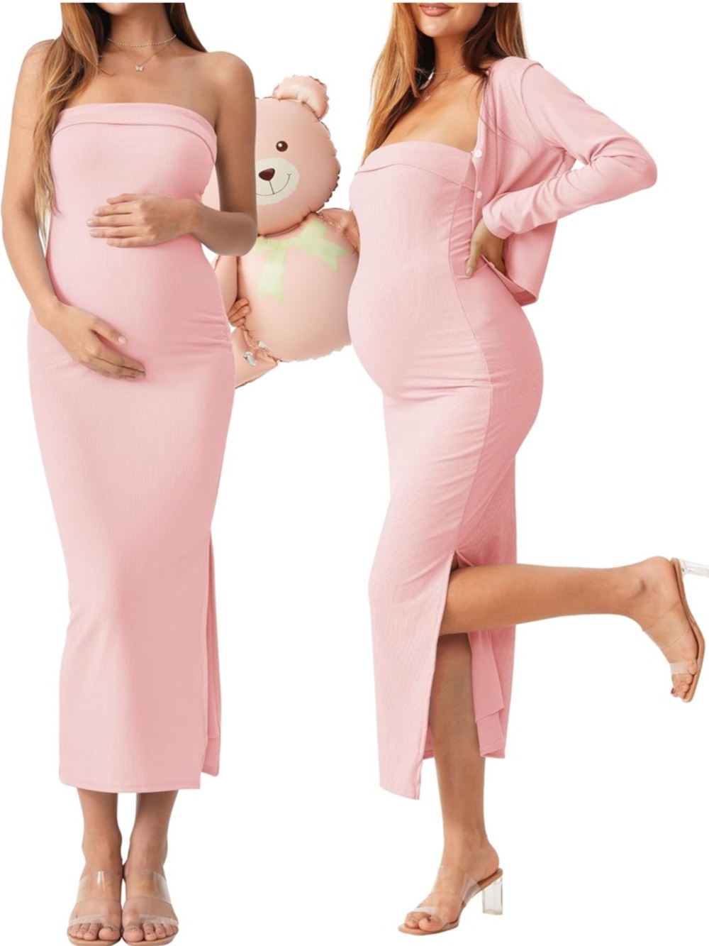 Strapless Ribbed Maternity Midi Dress in Blush Pink